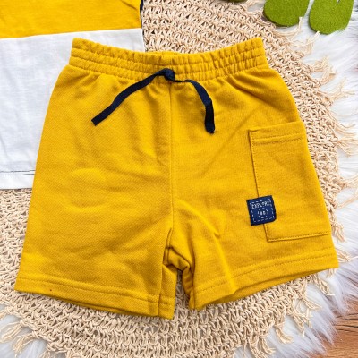 Conj. Camiseta Hello Summer e Bermuda em Moletinho - Marinho e Mostarda